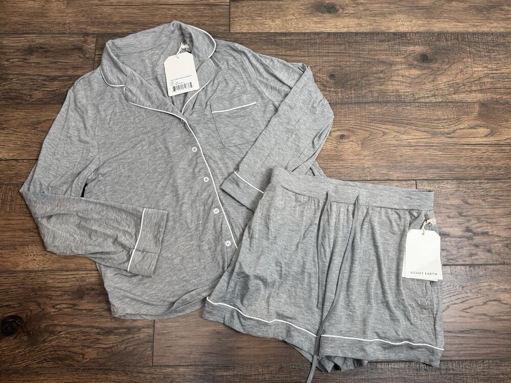 Cozy Earth Bamboo Pajama Set Long Sleeve Top & Shorts Gray Sz Large NWT